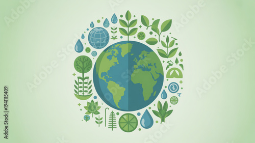 Earth surrounded by eco friendly symbols and green leaves on a gradient background representing environmental conservation and sustainability