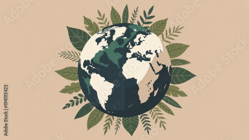Earth surrounded by lush green leaves on beige background symbolizing eco friendly environment and sustainability