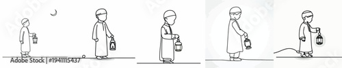 Line art of a Muslim little boy standing holding a Ramadan lantern