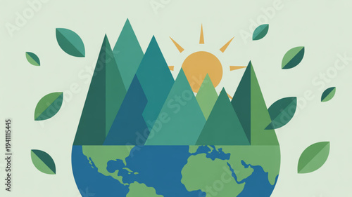 Eco friendly earth with mountains sun and leaves symbolizing environmental conservation and sustainability