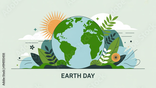 Earth day illustration with globe green leaves sun and clouds on a light background symbolizing environmental conservation and sustainability