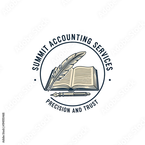 Accounting Services Logo with Quill Book and Pen Vintage Design