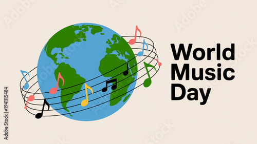 Vibrant world music day illustration with globe and colorful musical notes on cream background