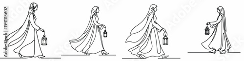Line art of a Muslim woman walking holding a Ramadan lantern 