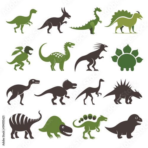 Collection of flat dinosaur icons on white background