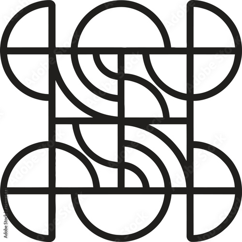 Abstract geometric line art pattern with circular arcs and intersecting squares.