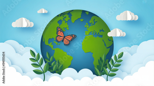 Earth with butterfly and leaves in clouds symbolizing eco friendly environment and conservation