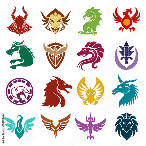 Variety of colorful heraldic animals and fantasy creature icons