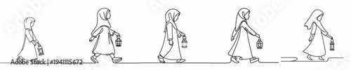Line art of a Muslim little girl walking holding a Ramadan lantern 