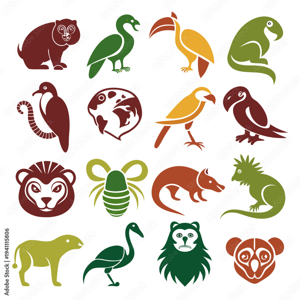 Naklejka premium Collection of sixteen animal vector icons in different colors