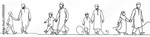 line art of a muslim father and child walking together