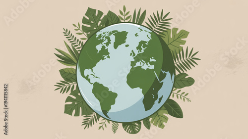 Earth surrounded by lush green leaves on beige background symbolizing eco friendly and sustainable living