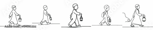 Line art of a Muslim little boy walking holding a Ramadan lantern 