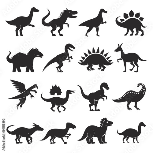Collection of various dinosaur silhouettes isolated on white background