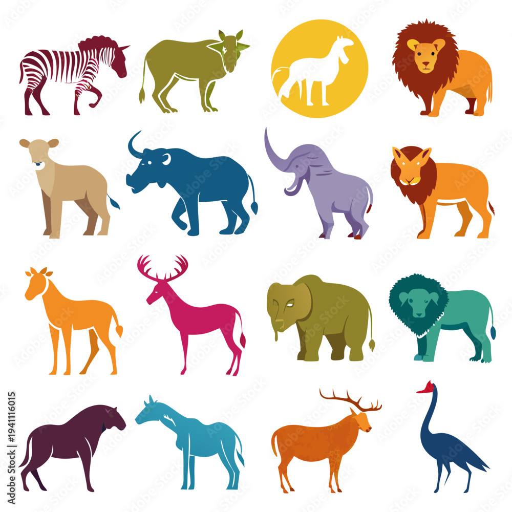 Obraz premium Colorful vector animals pattern in flat graphic style design