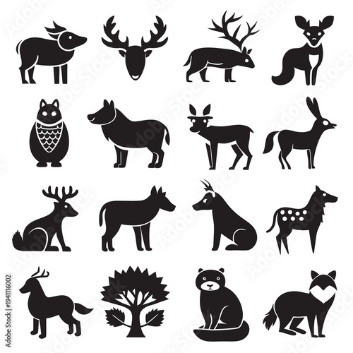 Collection of simplistic animal icons in solid black color
