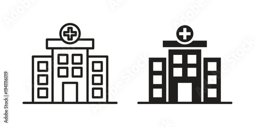 Hospital icon, line pictogram on white.