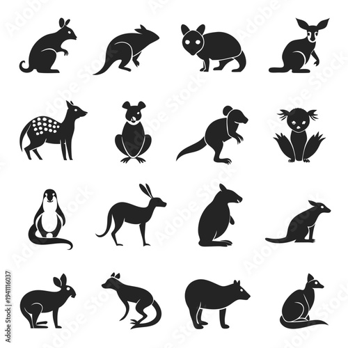 Silhouetted collection of diverse animals depicted in black and white