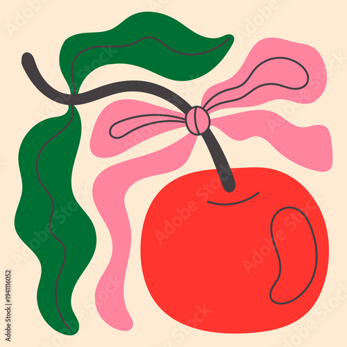 Abstract Cherry Bow Artwork. Bold scarlet berry tied with delicate blush ribbon and surrounded by bending foliage shapes. Decorative curving composition with flat colorful forms