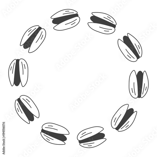 Pistachio Circle Frame. Black and White hand drawn Nut with shell round border. Food Branding Template. Vector illustration in doodle sketch style.