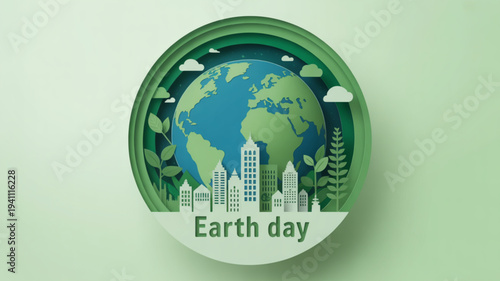 Earth day eco friendly globe with cityscape and green leaves on a light green background