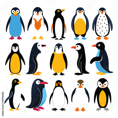 Whimsical penguin collection illustration in various bright colors