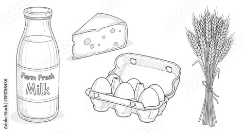 Farm Fresh Dairy and Harvest Grains Hand Drawn Illustration