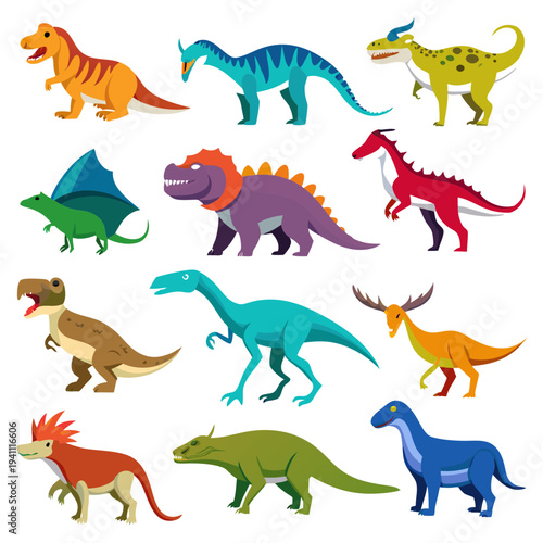 Assorted flat design dinosaurs in rows on white background