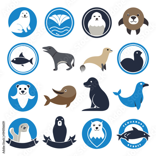 Collection of diverse marine mammal vector icons illustration