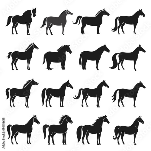 Collection of Silhouette Horse Illustrations on White Background