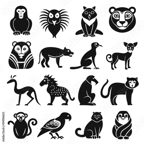 Stylized black and white animal icon set illustration