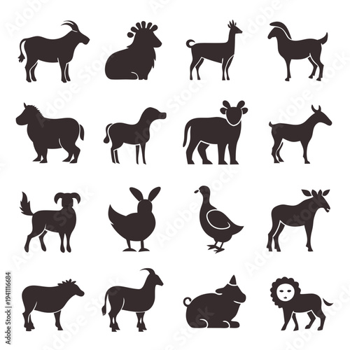 Collection of Silhouette Animals in Simple Vector Graphic Style