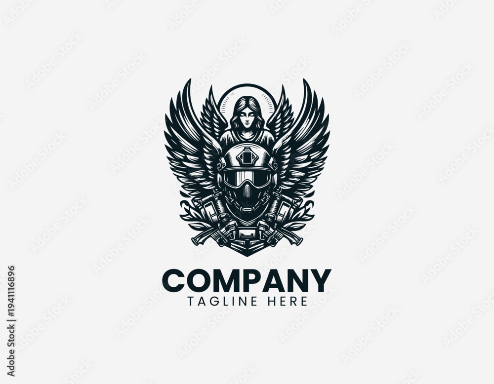 Obraz premium Guardian angel behind modern soldier black vector logo illustration isolated on white background