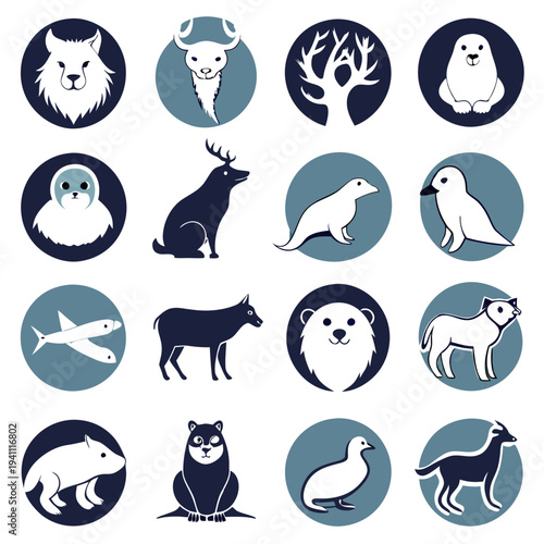 Arctic animals and tree in blue circle icon set