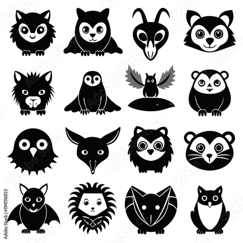Set of sixteen animal icon illustrations in flat style