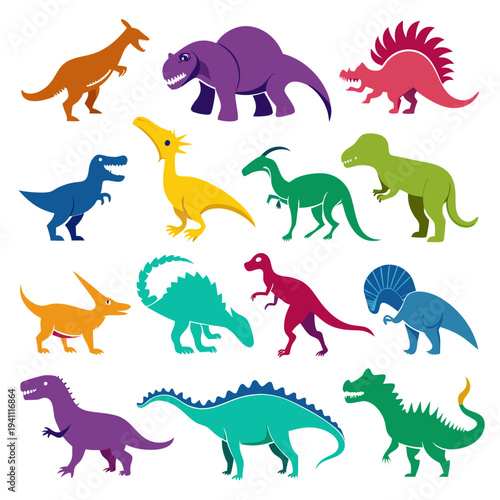 Collection of colorful dinosaur vector icons on white background