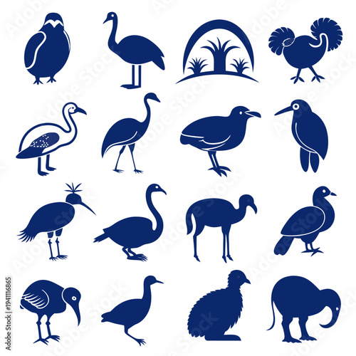 Stylized Blue Bird Icons Collection Against White Background