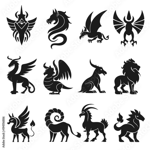 Mythical creatures black silhouettes illustration vector set design