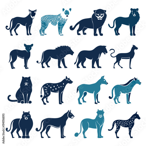 Animal vector silhouettes in indigo and blue shades collection