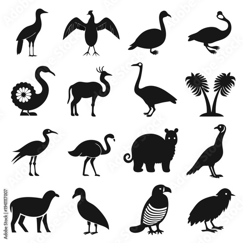 Monochrome collection of animal silhouettes including birds and others