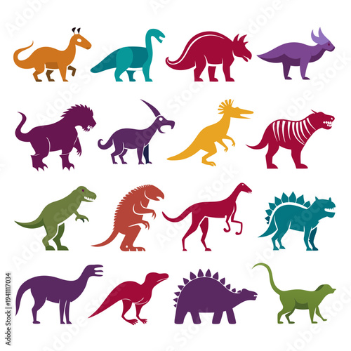 Colorful dinosaur silhouettes illustration showcasing diverse prehistoric creatures
