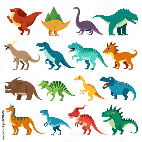 Colorful assortment of cartoon dinosaurs in various poses and colors