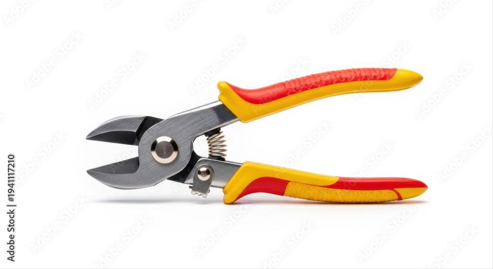Fototapeta premium Tile cutter with red and yellow handles isolated on white background, showcasing precision blades and ergonomic grip