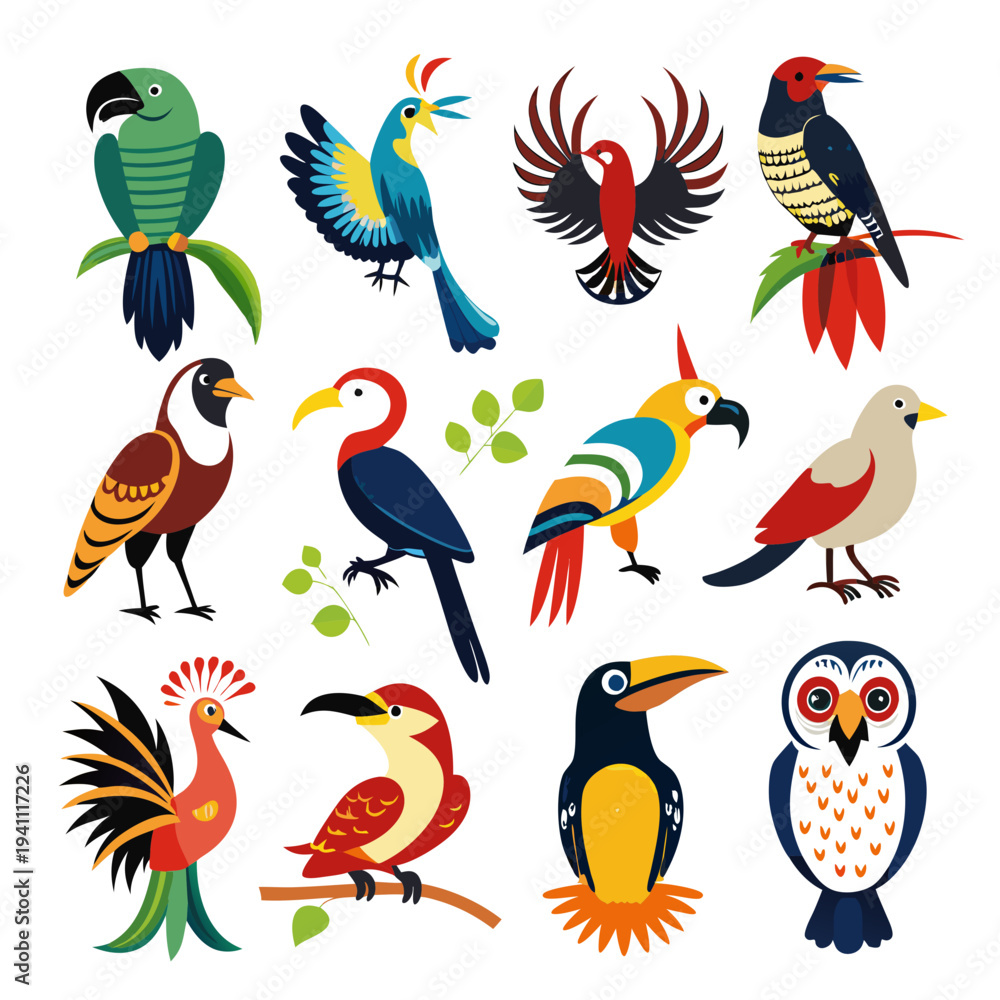 Fototapeta premium Collection of illustrated tropical bird species in a flat style