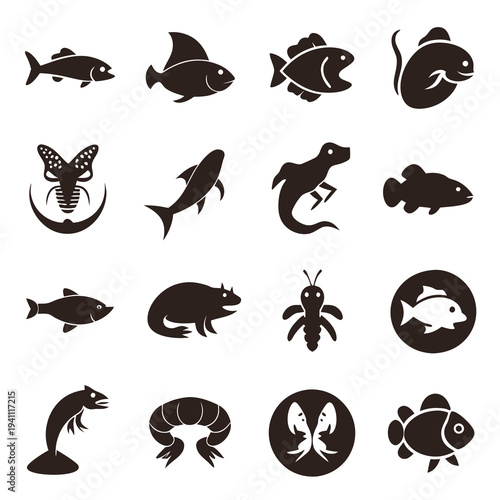 Collection of black aquatic life icons isolated on white