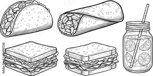 Detailed Hand Drawn Fast Food Platter with Drinks and Wraps