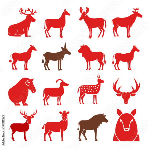 Variety of Deer Species Silhouette Icons on White Background