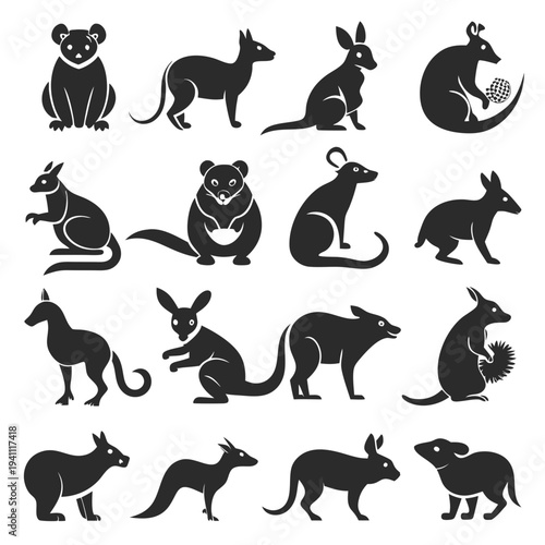 Silhouetted Australian marsupial animal vector icons illustration collection
