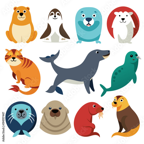 Collection of cartoon seals and arctic animals illustration vector