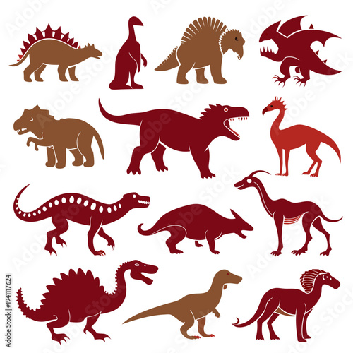 Collection of stylised dinosaurs in shades of brown and red